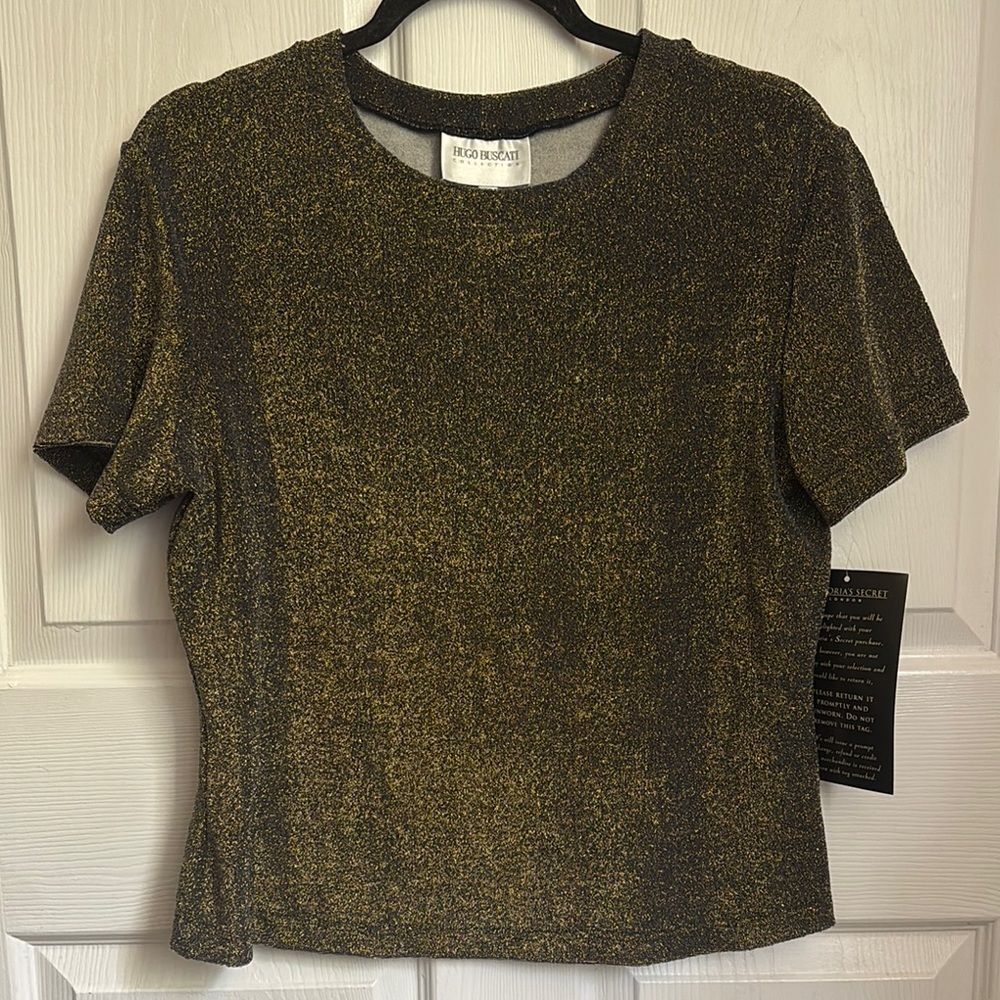 NEW Vintage HUGO BUSCATI gold shimmer short sleeve blouse black undertone sz 14
